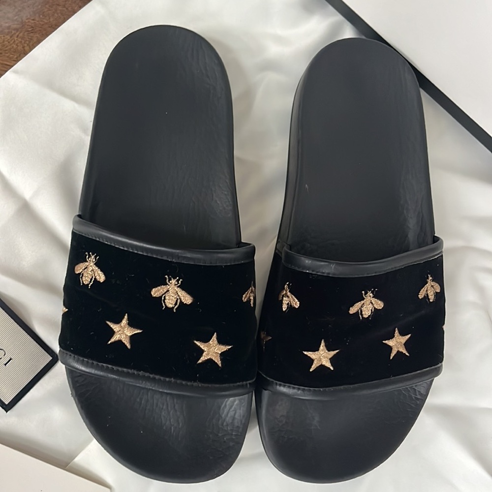 Gucci Slides black bee & gold star size 8 - Picture 2 of 11